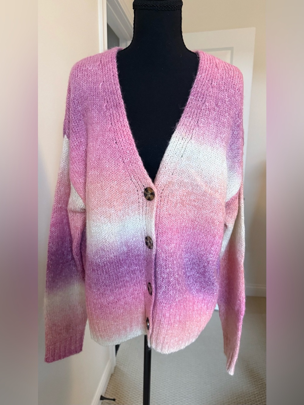 SO Pink Purple Ombre V-Neck Button Cardigan